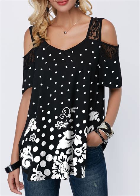 Lace Panel Dot And Flower Print Blouse Liligal Blouse Tshirt