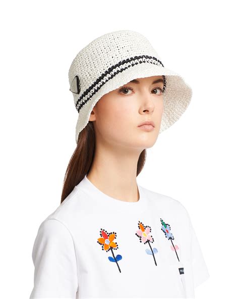 White Black Crocheted Raffia Hat Prada