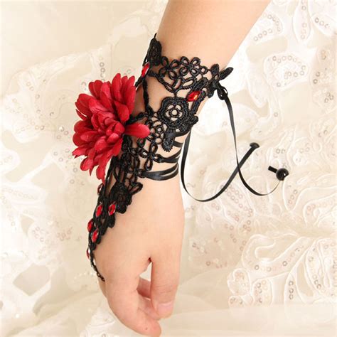 Gothic Black Lace Long Wristband Victorian Flower Embellishment