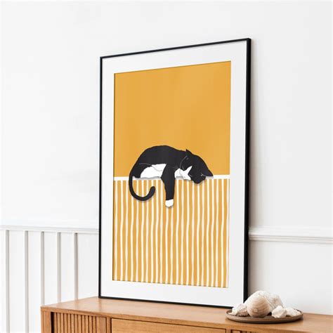 minimalist cat wall art abstract black white cat print yellow