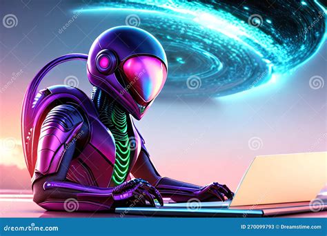 Alien Hacker In A Surreal Landscape With Laptop Stock Illustration