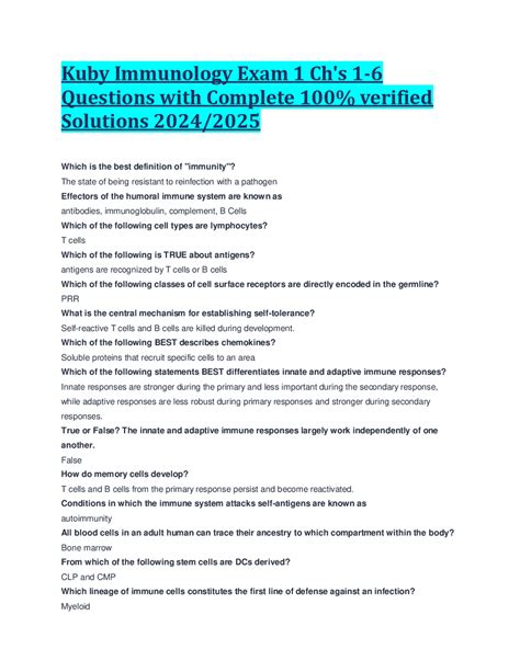 Kuby Immunology Exam 1 Ch S 1 6 Questions With Complete 100 Verified