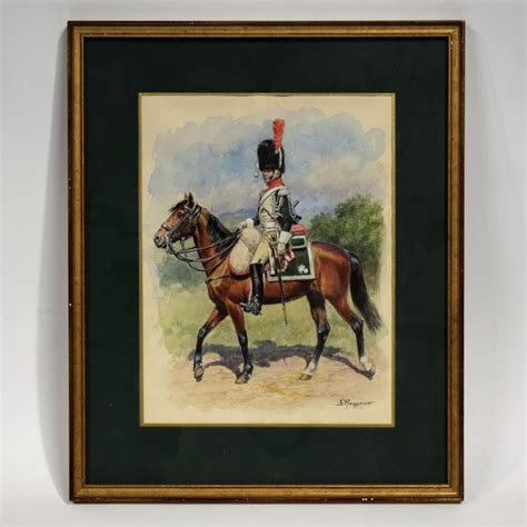 Signiertes Original Aquarell Hussard Zu Pferd Von Lucien Rousselot