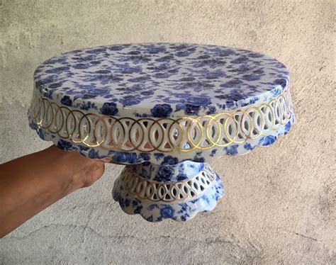 Blue And White Cake Stand Porcelain Roses Pedestal Cake Stand 14 Cake Plate Floral Decor