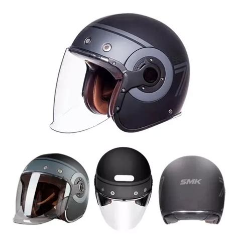 Capacete Moto Aberto Smk Retro Jet Seven Preto Fosco Cinza