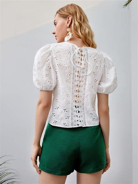 Contrast Guipure Lace Up Puff Sleeve Back Embroidery Mesh Blouse