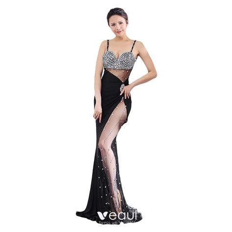 Sexy Black Evening Dresses 2018 Trumpet Mermaid Sequins Spaghetti