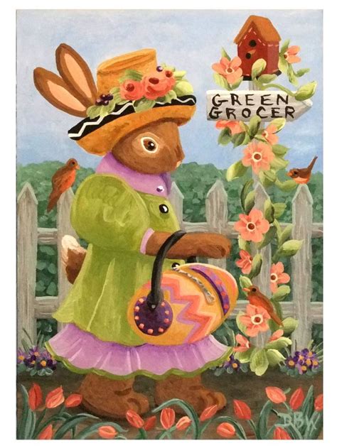 Aceo Original Acrylic Painting Easter Bunny Rabbit Egg Birds Whimsical