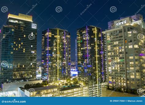 Aerial Shot of the Moxy Downtown Los Angeles and the Chase Building ...