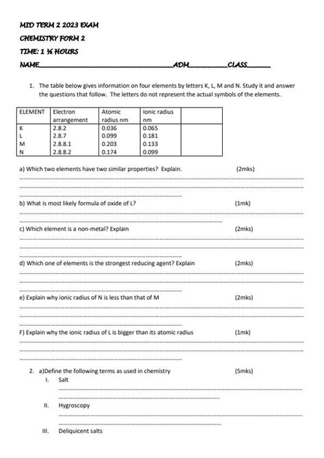 Form 2 Chemistry Mid Term 2 Exam 2023 1709