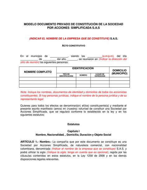 Modelo Constitucion Sas Modelo Documento Privado De Constituci N De