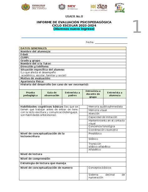 Informe De Eval Psic Nuevo Ingreso Usaer No Informe De