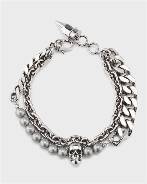 Alexander Mcqueen Men S Skull And Faux Pearl Double Chain Bracelet