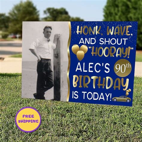 Gold And Blue Happy Birthday Yard Sign With Photo Personalized Etsy