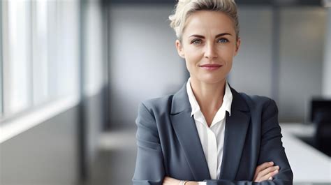 Premium Ai Image A Woman In A Grey Suit Stands With Her Arms Crossed