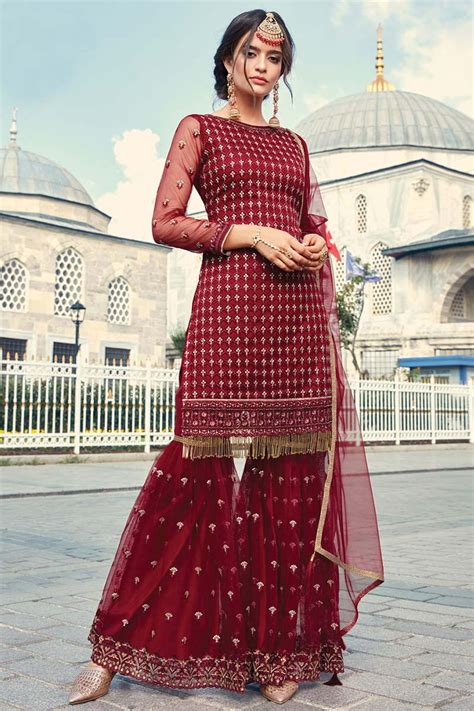 Buy Maroon Net Sharara Suit With Sequins Work Online Lstv