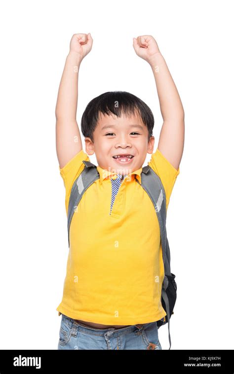 Education Conceptyoung Asian Boy Smile Gesture Hands Ready To School