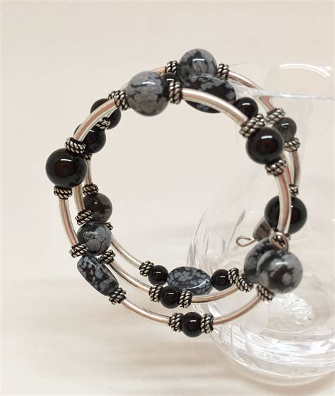 Snowflake Obsidian Onyx Silver Wrap Bracelet Black Stone Etsy