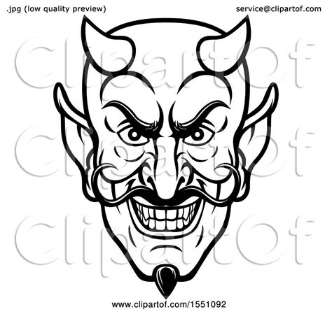 Clipart of a Black and White Grinning Evil Devil Face - Royalty Free ...