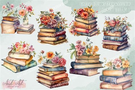 Vintage Old Books Stack Watercolor Clipart