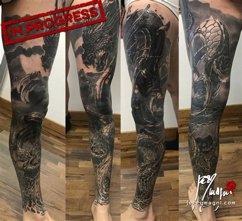 WATER DRAGON - full leg sleeve black and grey tattoo - Jerry Magni