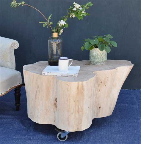 Tree Trunk Coffee Table On Wheels In Bleached Natural Timber Trunk