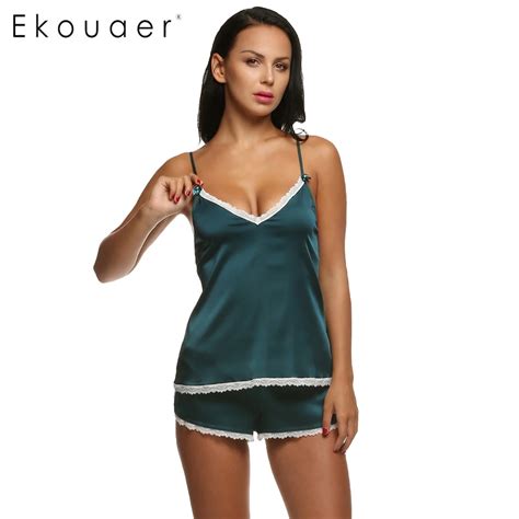 Ekouaer Women Clothes For Summer Shorts Sets V Neck Sleepwear Satin