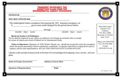 Riverside County California Transient Occupancy Tax Exemption Claim