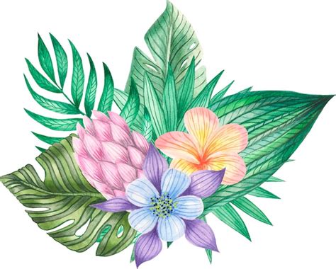 Composi O Em Aquarela De Flores Tropicais E Folhas Vetor Premium