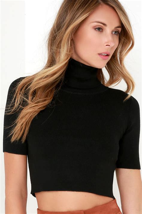 Black Crop Top Turtleneck Crop Top Short Sleeve Crop Top 4300