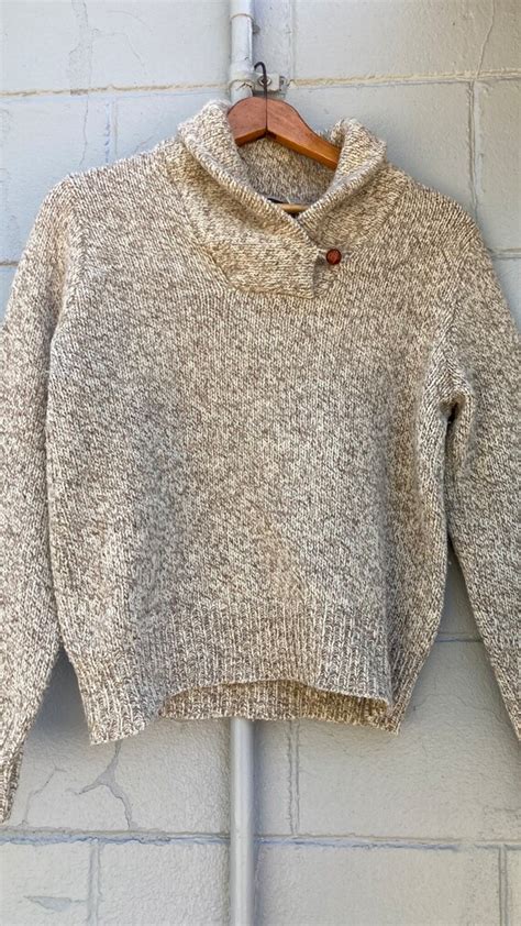 1980s Eddie Bauer Shawl Collar Oatmeal Sweater Gem