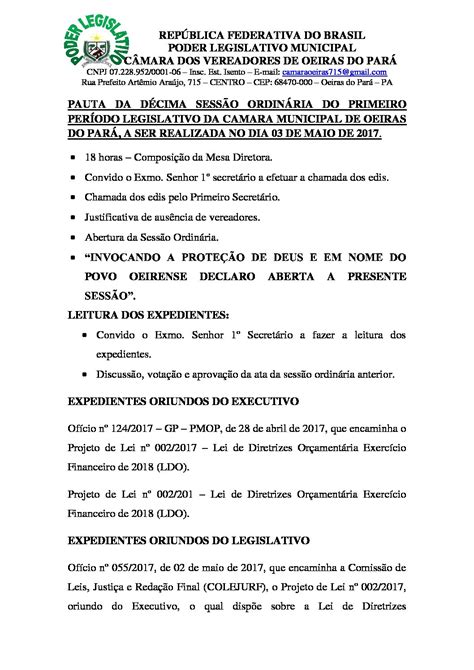 Pauta Da Sess O Ordin Ria C Mara Municipal De Oeiras Do Par