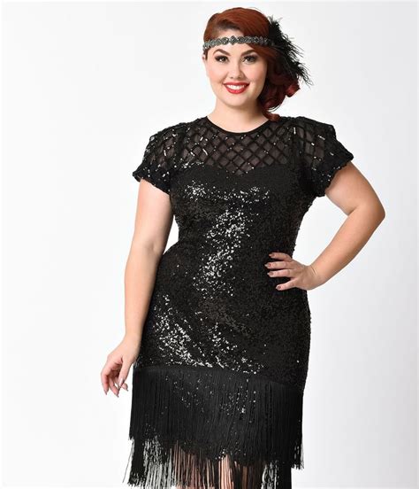 Unique Vintage Plus Size 1920s Black Sequin Fringe Del Mar Flapper Dre Plus Size Flapper Dress