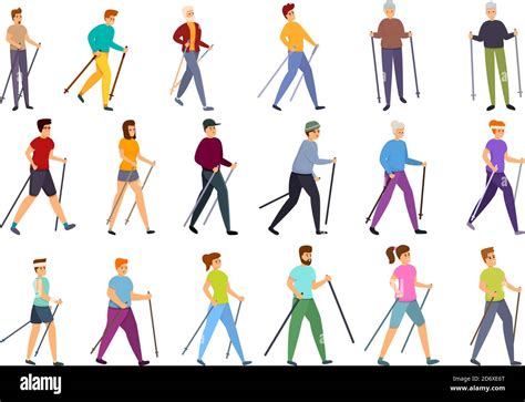 Nordic Walking Icons Set Cartoon Set Of Nordic Walking Vector Icons