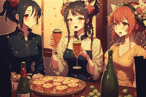 Premium AI Image | Anime girls drinking wine and drinking at a table