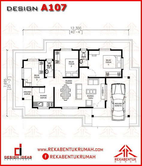 Lakaran Pelan Rumah Kampung Pelan Rumah 1200 Kaki Persegi Bim12002