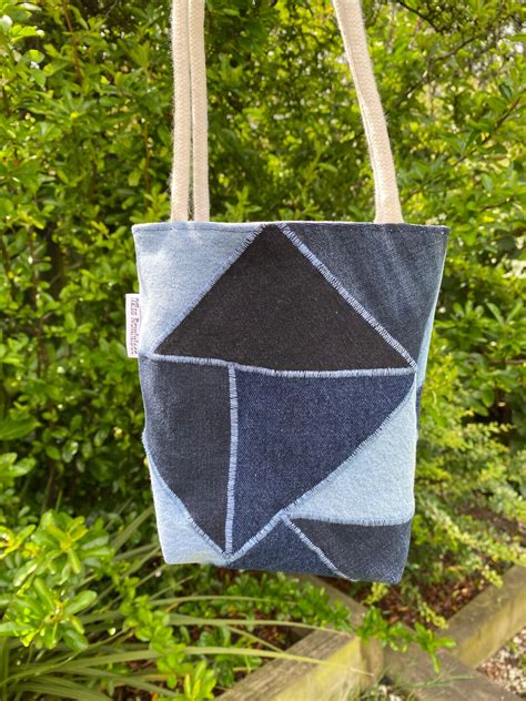 Denim Patchwork Upcycled Tote Bag With Rope Handles Etsy