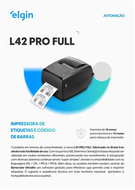 Impressora térmica de etiqueta Elgin L42 PRO USB Ethernet Mapel