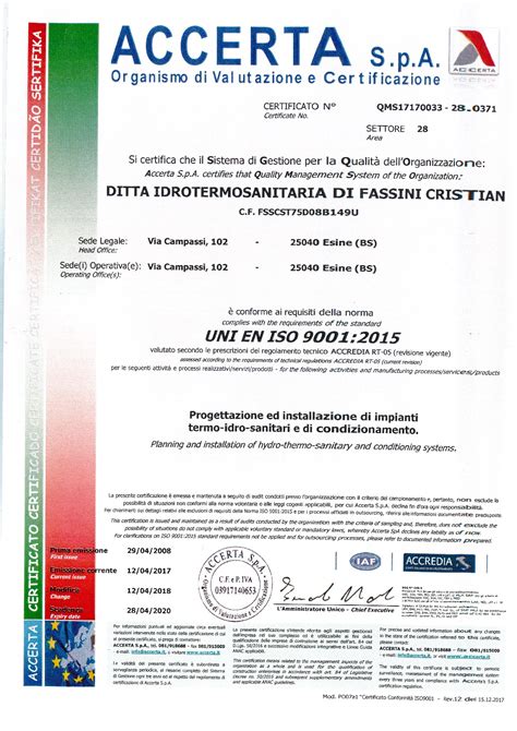 Certificazione UNI EN ISO 9001 2015 001 Fassini Cristian