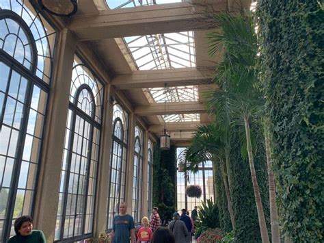 several people are walking through an indoor garden