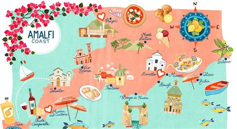 An Illustrated Map Of The State Of Amalfi Coast With All Its Attractions