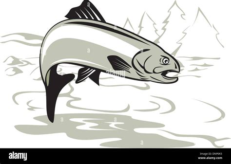 Illustration Of A Trout Fish Jumping With River In Background Done In