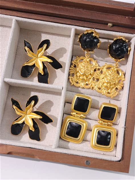 Huanzhi Vintage Ak Black Square Enamel Big Flower Earrings Long Drop