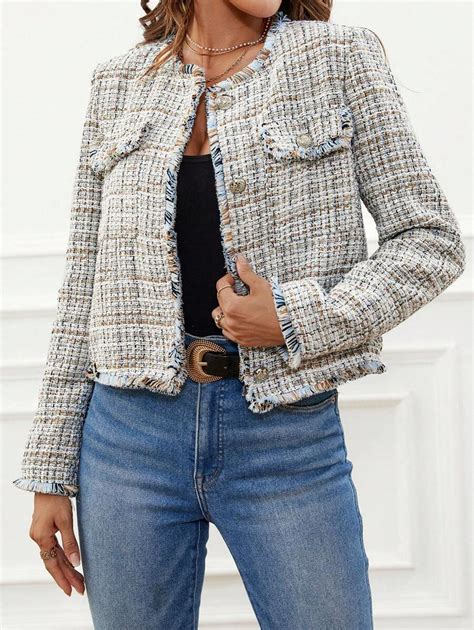 Shein Clasi Plaid Pattern Raw Trim Flap Detail Tweed Jacket Shein Usa