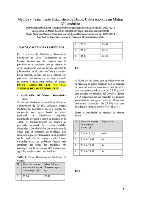 Medida Y Tratamiento Estadistico De Datos Calibracion De Un Matraz