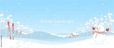 Vector illustration of winter banner background. Snow landscape with snowman and skis. Stock ...