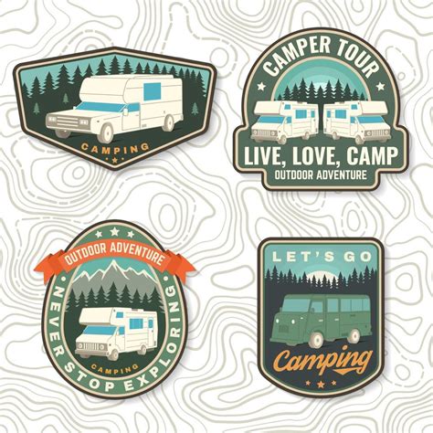 Set Of Rv Camping Badges Patches Vector Concept For Shirt Or Logo