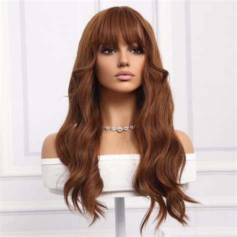 Smilco Synthetic Wigs For Women Auburn Wig Long Wavy Curly Wig With Bangs Natural