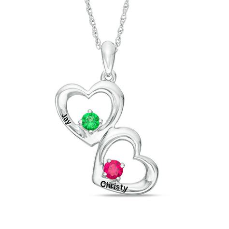 Couple S Simulated Birthstone Double Heart Pendant In Sterling Silver 2 Stones And Names Zales