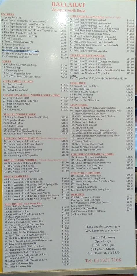 Menu At Ballarat Vietnamese Noodle House Restaurant Ballarat Central